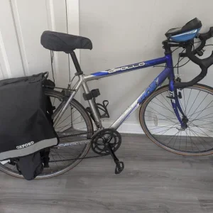 Road bike, lock, pump, pannier, lights
