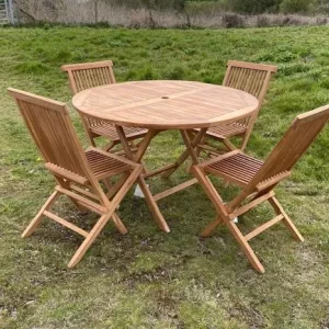 Round Garden Teak Table With 4 Folding Chairs