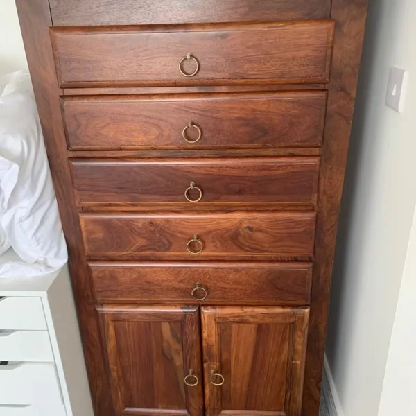 Marks and Spencers tall set of five drawer two door dark oak bedroom frawers
