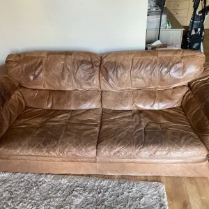 Well-Loved Brown Leather Sofa Suite - Comfortable & Characterful