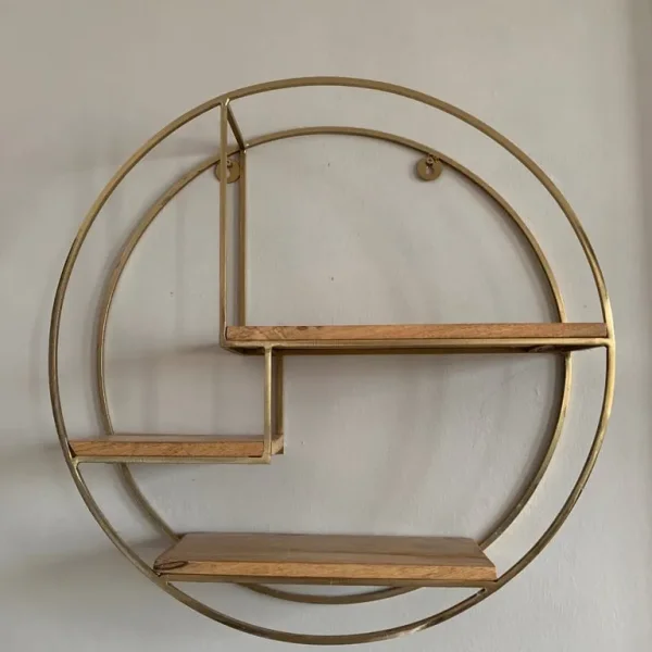 Gold & Natural Round Wall Shelf Unit
