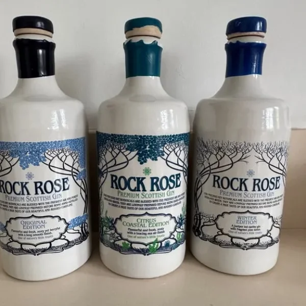 Empty Rock Rose ceramic gin bottles