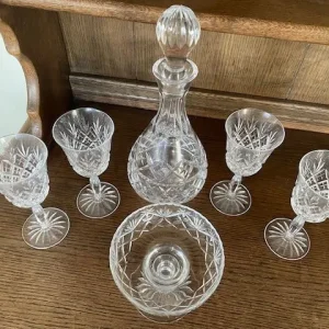 Vintage Cut Crystal Decanter, Wine Glasses And Serving Bowl Set - Image 2
