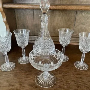 Vintage Cut Crystal Decanter, Wine Glasses And Serving Bowl Set