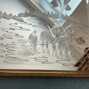 VINTAGE QUALITY MIRROR 81.5 x 55.5 CM ETCHED HORSES / PLOUGH / HOUSE GOLD FRAME BEVELLED EDGES - Image 8