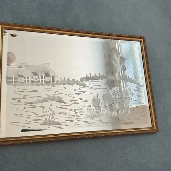 VINTAGE QUALITY MIRROR 81.5 x 55.5 CM ETCHED HORSES / PLOUGH / HOUSE GOLD FRAME BEVELLED EDGES