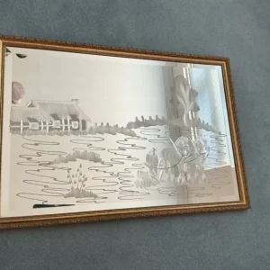 VINTAGE QUALITY MIRROR 81.5 x 55.5 CM ETCHED HORSES / PLOUGH / HOUSE GOLD FRAME BEVELLED EDGES