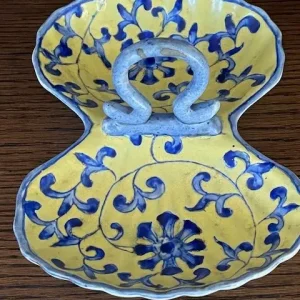 Vintage Asian Style Yellow And Blue Twin Dish With Handle - Image 2