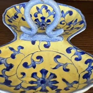 Vintage Asian Style Yellow And Blue Twin Dish With Handle - Image 3