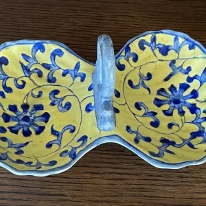 Vintage Asian Style Yellow And Blue Twin Dish With Handle