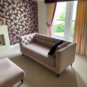 2 x 3 seater peach sofa and footstool for sale - Image 2