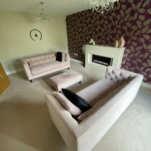 2 x 3 seater peach sofa and footstool for sale - Image 3