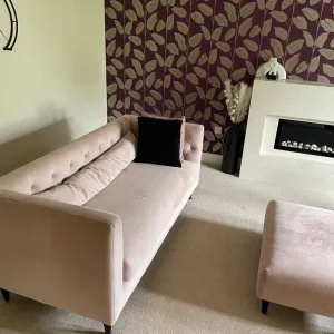 2 x 3 seater peach sofa and footstool for sale - Image 4