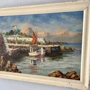 LOUIS BENDISEN – “Fishing Boat by the Entrance to a Dock” oil on canvas - Image 2