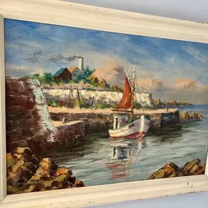 LOUIS BENDISEN – “Fishing Boat by the Entrance to a Dock” oil on canvas - Image 4