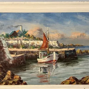 LOUIS BENDISEN – “Fishing Boat by the Entrance to a Dock” oil on canvas - Image 5