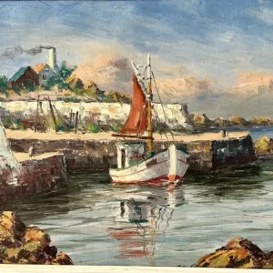 LOUIS BENDISEN – “Fishing Boat by the Entrance to a Dock” oil on canvas - Image 6