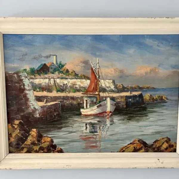 LOUIS BENDISEN – “Fishing Boat by the Entrance to a Dock” oil on canvas
