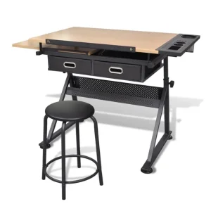 vidaXL Two Drawers Tiltable Tabletop Drawing Table with Stool - Image 3