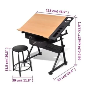 vidaXL Two Drawers Tiltable Tabletop Drawing Table with Stool - Image 8