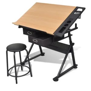 vidaXL Two Drawers Tiltable Tabletop Drawing Table with Stool