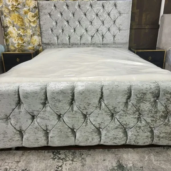 2 x 5ft King Bed Frames – Silver Fabric, Chrome Legs