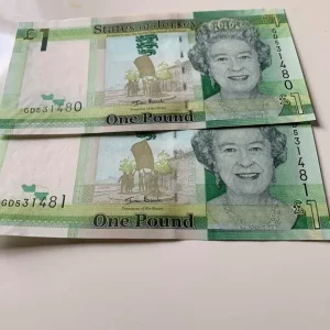 Two Uncirculated Jersey £1 Notes, Consecutive Serial Numbers, Mint