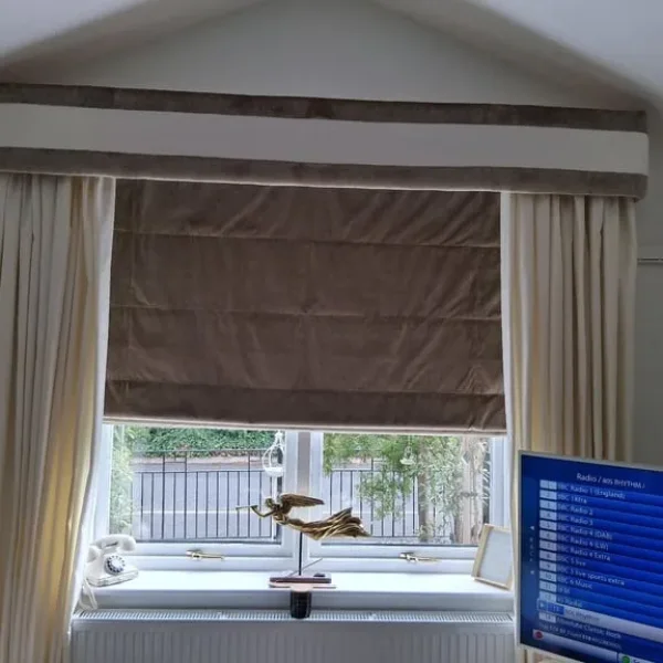 Ivory/cream curtains, pelmet, roman blind and cushion covers