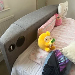 Grey double bed with built-in TV and storage - Image 2