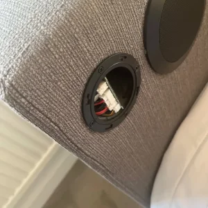 Grey double bed with built-in TV and storage - Image 3