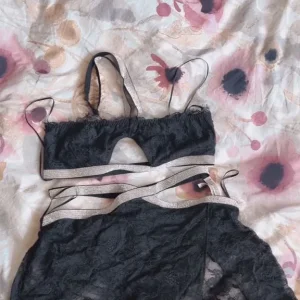 Victoria's Secret black lace lingerie set with silver glitter elastic details - Image 2