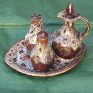 Fosters Pottery Cornwall 3-Piece Honeycomb Drip Glaze Cruet Set - Image 4