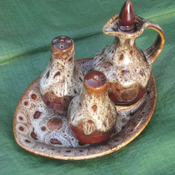 Fosters Pottery Cornwall 3-Piece Honeycomb Drip Glaze Cruet Set