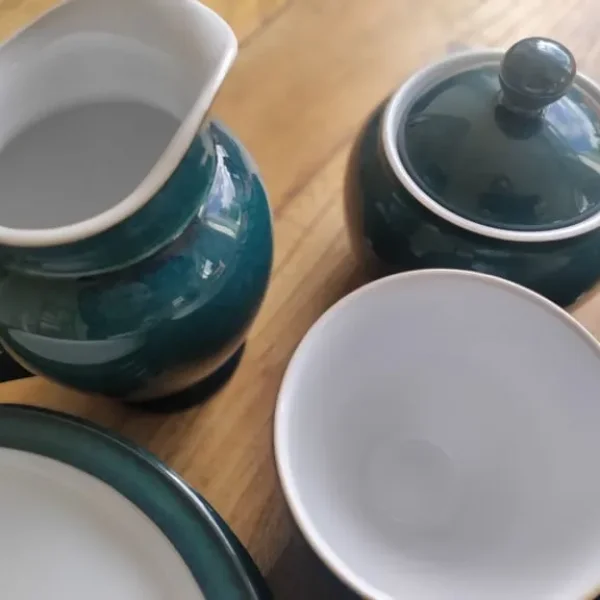 Denby tea set – 6 cups, saucers, side plates, milk jug and sugar bowl