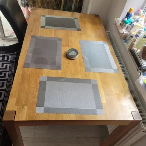 Woden dining table and 4 black chairs - Image 5