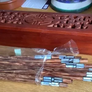 Carved Rosewood Box with 10 Pairs of New Chopsticks