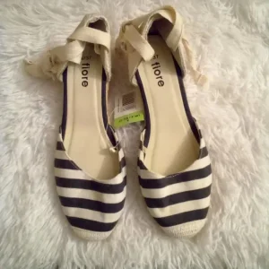 Navy Blue and White Striped Fiore Tie-Up Wedge Espadrilles Size 4 - Image 4