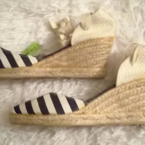 Navy Blue and White Striped Fiore Tie-Up Wedge Espadrilles Size 4