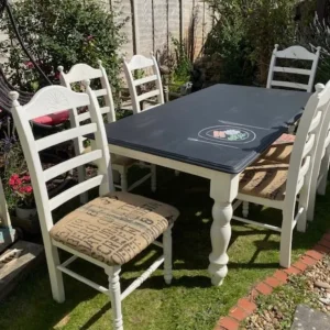 Vintage chunky wood dining table and 6 chairs - Image 2