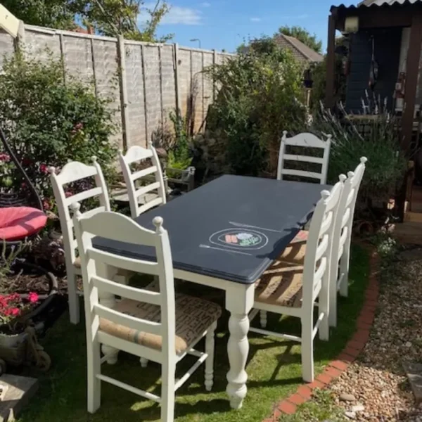 Vintage chunky wood dining table and 6 chairs