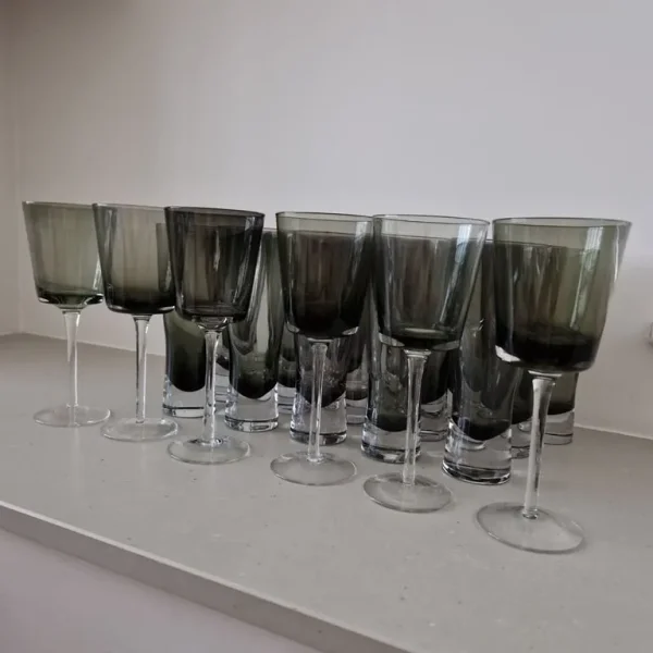 Smokey Grey Wine and Drinks Glasses – 19 Pieces, Excellent Condition