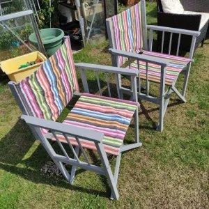 Striped Directors Chairs – Two, Grey Frames