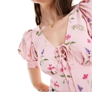 milkmaid tie up mini dress in pink print