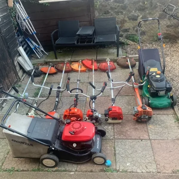 Petrol strimmer and lawnmowers
