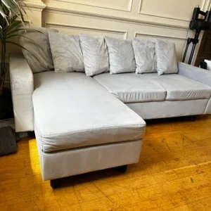 Corner Sofa with Chaise – Grey Velvet, 3-Seater - Image 3