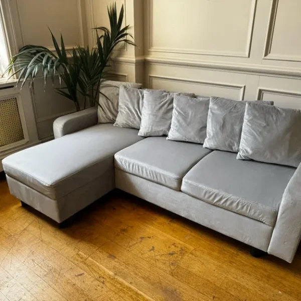 Corner Sofa with Chaise – Grey Velvet, 3-Seater