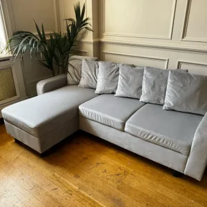 Corner Sofa with Chaise – Grey Velvet, 3-Seater