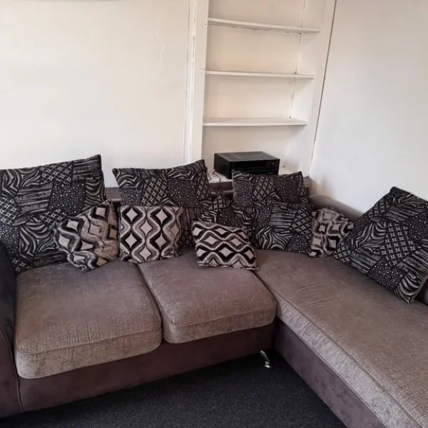 L shape corner sofa and clear glass dining table with 6 chairs