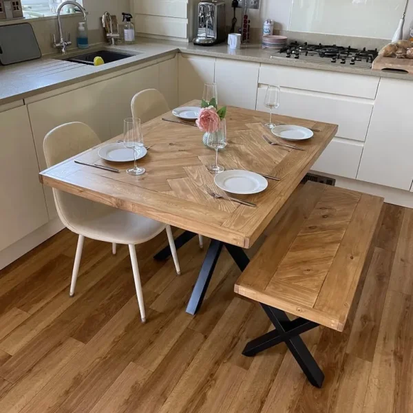Herringbone Design Dining Table with Bench