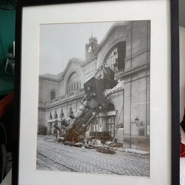 Framed black and white picture of The Montparnasse Train Wreck 1895